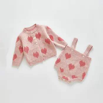 Korėjos Bamblys Baby Girl Širdies Megztinis Drabužiai Medvilnės Rožinis Megztinis ilgomis Rankovėmis Megztiniai Žiemą 1-asis Gimtadienis Jumper Naujagimiui
