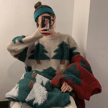 Kalėdų eglutė puloveris moterų prarasti nešioti rudenį ir žiemą 2020 naujų korėjos retro paminkštintas šiltas atsitiktinis viršūnės