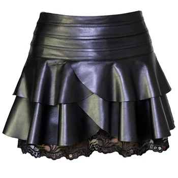 Moterų nėriniai kratinys PU odos mini sijonai, Plisuotos aukšto liemens sijonas juodas