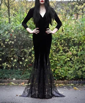 Juodos spalvos gotikos mermaid dress Moterims seksualus v-kaklo, ilgomis rankovėmis nėriniai hem kratinys naktį šalies goth suknelė Vintage viduramžių drabužių