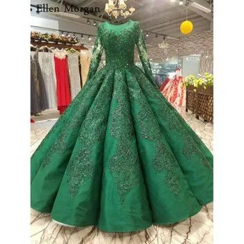 Aukštos Kokybės Žalia Kamuolys Chalatai Vestuvės Suknelės 2019 Saudo Arabijos Dubajus Nėrinių Derliaus ilgomis Rankovėmis Musulmonų Vestuvinės Suknelės