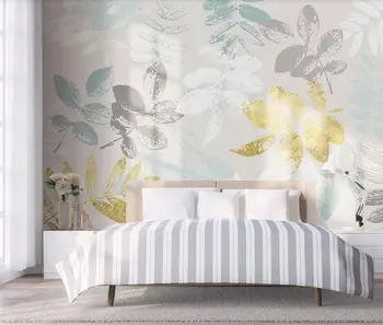 Pritaikyti 3D tapetai, freskos Šiaurės paprastas aukso mažų šviežių tropinių lapai sofa fone, sienų apdaila dažymas