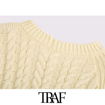 TRAF Moterų Mados Kabelis megztiniai Asimetrinė Laisvas Megztinis, Vintage O Kaklo, ilgomis Rankovėmis Moteriška Puloveriai Prašmatnus Viršūnės