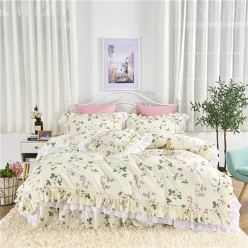 Korėjos princesė raukiniai, nėriniai siuvinėjimo gėlių sijonas patalynės komplektas покрывало для кровати grynos medvilnės ropa cama de antklode padengti rinkinys