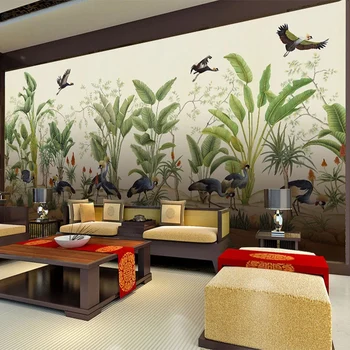 Užsakymą Bet kokio Dydžio Freska Tapetai, 3D Rankomis Dažyti Atogrąžų Augalai, Gėlės Ir Paukščiai Freska Restoranas Kambarį Tyrimą, Namų Dekoro