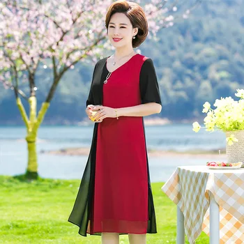 Vasaros suknelė kontrasto spalvų siūlėmis Elegantiška vidutinio amžiaus Trumpas Rankovės moterų prarasti šifono Atsitiktinis Plius Dydis Office suknelės