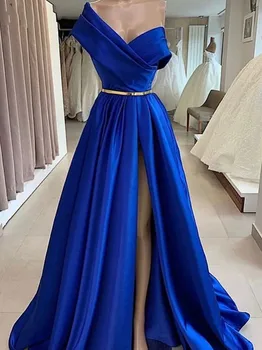 Naujas Vienos Pečių Royal Blue Prom Dresses Ilgas Chalatas De Soiree-Line Satininiu Dubajuje Seksualių Aukštos Ritininės Oficialų vakarinę Suknelę vestidos