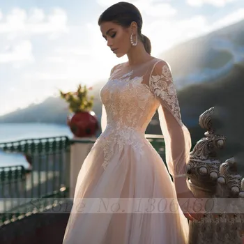 Thinyfull 2020 Elegantiškas Vestuvių Suknelės Linijos, Vien Samtelis Kaklo Ilgai Reljefiniai Rankovės Nuotakos Suknelės, Tiulio, Nėrinių Appliques Nuotakos Suknelė