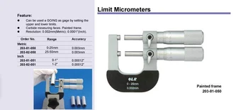 0.002 mm ribinės mikronų reguliuojamas gage 0-25mm 25-50mm už staliuko