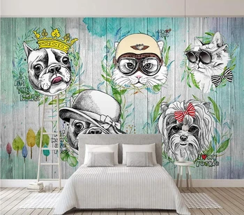Individualizuotos fono paveikslėlį Ranka-dažytos gyvūnų kačių ir šunų animacinių filmų fone sienos