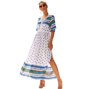 Yo-ha Mergina Shop Parduotuvėje Moterų Bohemijos Rudens Pradžioje Spausdinimo Suknelė 2019 Naują Spausdinimo V-kaklo trumpomis Rankovėmis Suknelė Moterims, S-XL