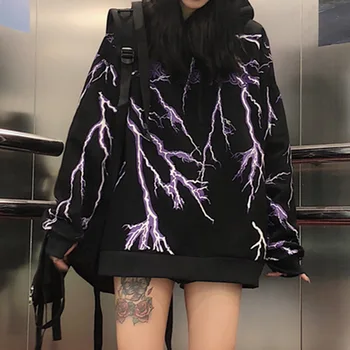 Gotikos Hoodie Harajuku Žaibo Spausdinti Moterų Žiemos Tirštėti Gobtuvu Palaidinės Mados Laišką Hip-Hop Top Hoodies Streetwear