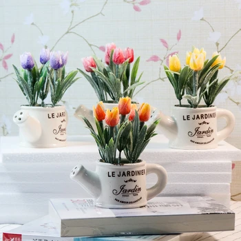 Zinmol Dirbtinės Gėlės, Vazoninių Šilko Tulpių Bonsai Dekoratyvinių Augalų Vestuvių Dekoras su Keramikos Vaza, 1, nustatyti(augalų+vaza)