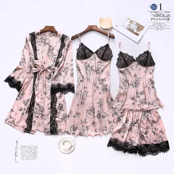 Pavasario Vasaros Naujus moteriškus Kimono Skraiste 4PCS Pižama Kostiumas Intymus apatinis Trikotažas Pink Gėlių Spausdinti Sleepwear Atsitiktinis naktiniai drabužiai Homewear