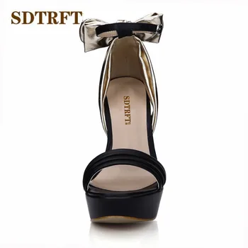 SDTRFT zapatos mujer Vasaros platformų Sagtis sandalai 14cm ploni aukšti kulniukai Peep Toe vestuvių bateliai moteris Siauros Juostos Bowtie siurbliai