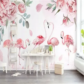 Rožinė Viduramžių Flamingo Akvarelė Rožių Gėlių TV Wall Gamintojas Didmeninės Tapetai, Freskos Pasirinktinius Nuotraukų Siena
