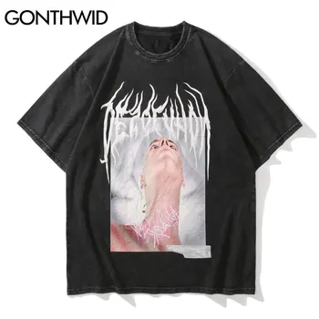 GONTHWID Negabaritinių Tshirts Streetwear Hip-Hop Plakatas Trumpas Rankovės Tees Marškinėliai Harajuku Punk Rock, Gothic trumpomis Rankovėmis Viršūnes Atsitiktinis
