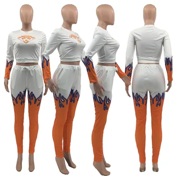 2021 m. pavasarį naujas mados modelio spausdinimo sporto dviejų dalių slim fit o-kaklo, ilgomis rankovėmis viršuje ir kelnės moterų kostiumas