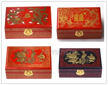Retro Senovės rankų darbas 2 Sluoksniu Medienos dėžė Kinų Drakonas Phoenix Saugojimo Medinė Dėžutė su Veidrodžiu Puošnus Papuošalų Dėžutė dėklas