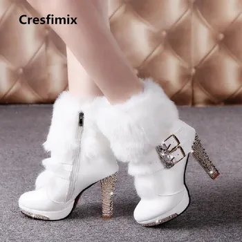 Cresfimix botas femininas moteris mados kailiai, šiltą aukšto kulno batai lady balta pu oda dirželio sagtis cool batai juodi batai c2849