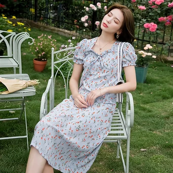 Moterų Ilgas, Šviesiai Mėlynos Spalvos Šifono Gėlių Suknelė Vasaros 2020 Kilimo Ir Tūpimo Tako Derliaus Elegantiškas Korėjiečių Šalis Suknelė Boho Retro Atostogų Suknelės Naujas