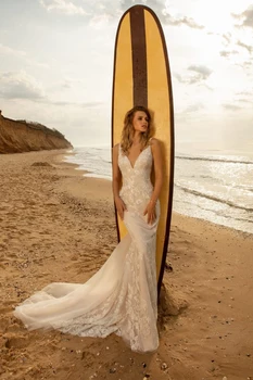 2020 Mermaid Paplūdimys Vestuvių Suknelės V Kaklo Nėrinių Appliqued Backless Vestuvinės Suknelės Valymo Traukinio Boho Šalies Vestuvių Suknelė Chalatas De