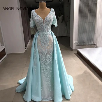 Ilgai Šviesiai Mėlyna V Kaklo Abendkleider Dubajus Arabų Vakarinę Suknelę 2019 Su Nuimamu Sijonu Caftan Mariage