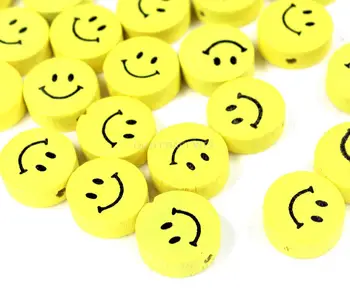 300pcs geltona smiley veido karoliukai 17mm, medinės Geltona Šypsosi, Medienos Granules, su skylėmis apjuostame