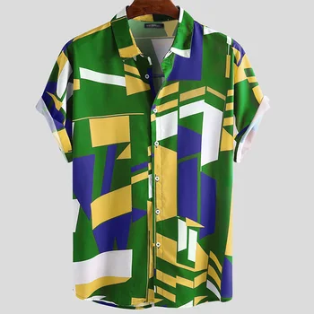 Vasarą Vyrai Havajų Marškinėliai Atvartas Apykaklės, Mygtuką Atsitiktinis Palaidų Viršūnes Geometrinis Spausdinti Trumpas Rankovės Marškinėliai Drabužių 2020 Streetwear