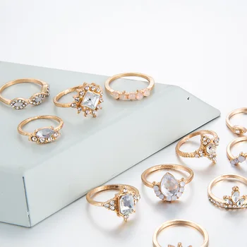 12 Vnt/set Ponios Mados Opal Lašai Geometrinis Karūna Crystal Aukso Bendras Piršto Žiedą Nustatyti, Žavesio Šalis Vestuvių Papuošalai Dovana