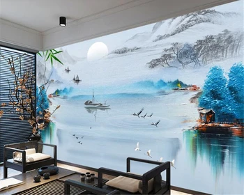 Beibehang Naujas Kinijos kūrybinė asmenybė sienos popieriaus, Rašalo kraštovaizdžio paukščių mėlyna abstraktus fonas, tapetai, dekoratyvinis dažymas