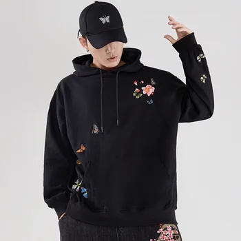 Kinų Stiliaus Siuvinėjimų Drugelis Gėlės Palaidinukė Vilnos Hoodies Unisex Streetwear Hip-Hop Atsitiktinis Palaidų Gobtuvu Megztinis Mens