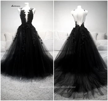 Lakshmigown Derliaus Gothic Black Vestuvių Suknelės nuotaka 2021 Plius Dydis Stebėjimo Valymo Traukinio Šalies Vestuvių Suknelė