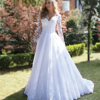 H255 V Kaklo Nėrinių Appliques Vestuvių Suknelė Boho Seksualus Backless Linijos, Nuotakos Vestuvių Chalatai ilgomis Rankovėmis, 3D Gėlių Suknelės 2021