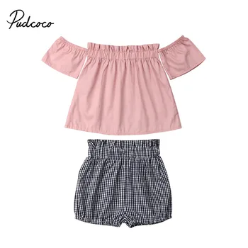 2019 Baby Girl vasaros drabužių nustatyti Kietojo Off-Pečių Trumpas Viršūnes PP Kelnes Apranga Vaikams, Drabužiai Vaikas, Bamblys naujagimiui